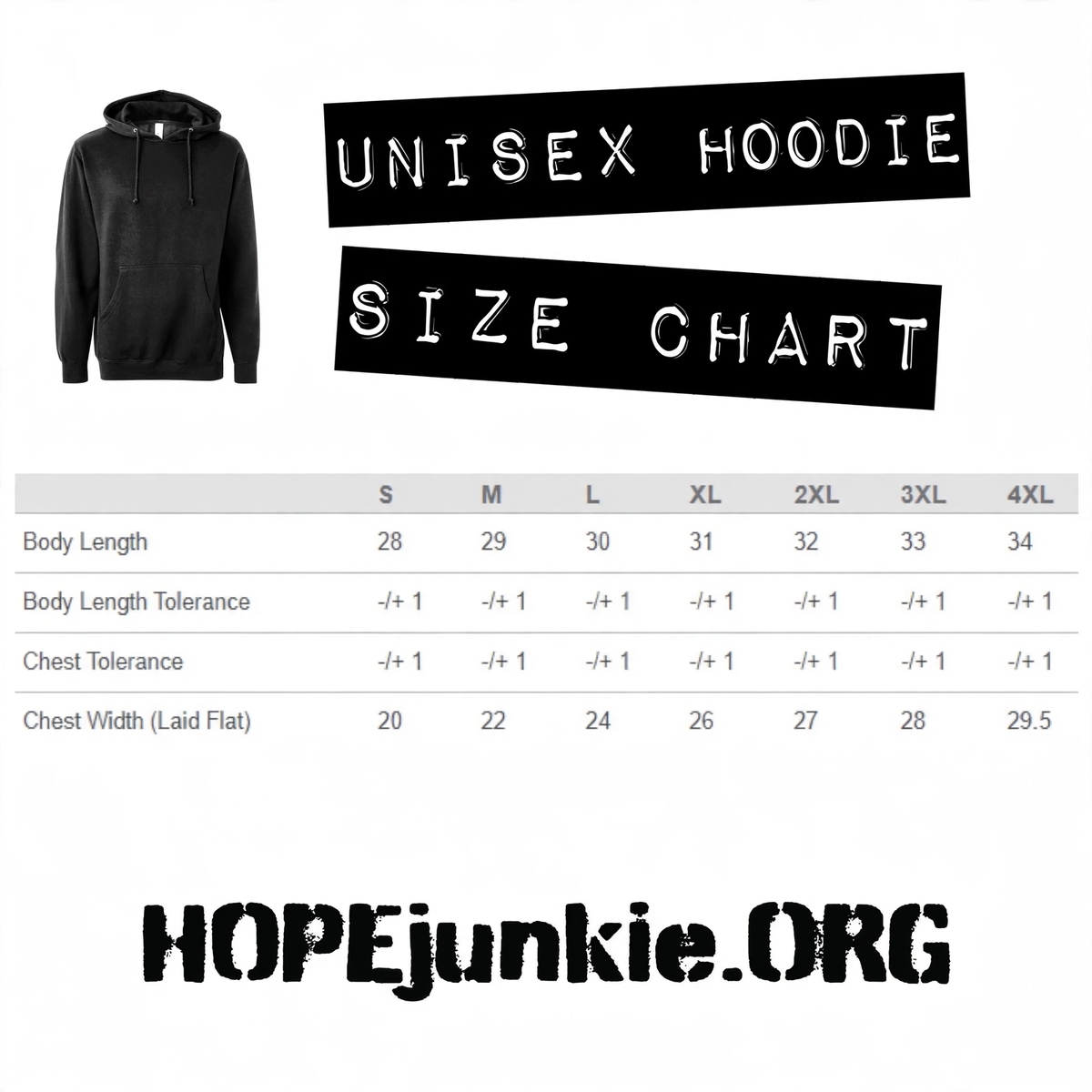 Unisex hoodie size chart