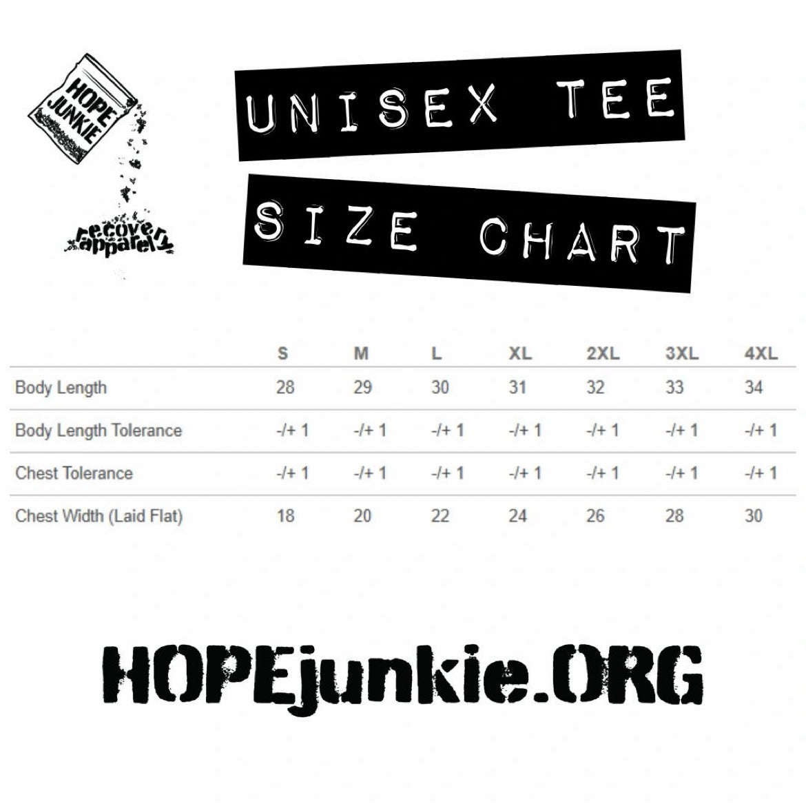 Unisex tee size chart